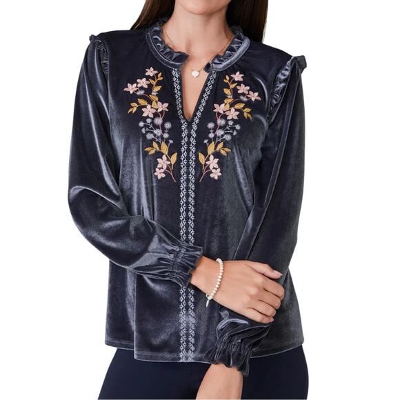 Spartina 449 Deep Slate Gray Velvet Embroidered Malicha Blouse - Picture 1 of 12